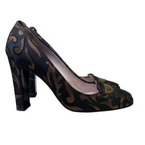 Laurence Dacade Parir Metallic Brocade Loafer Pumps Block Heels 38.5 / 7.5